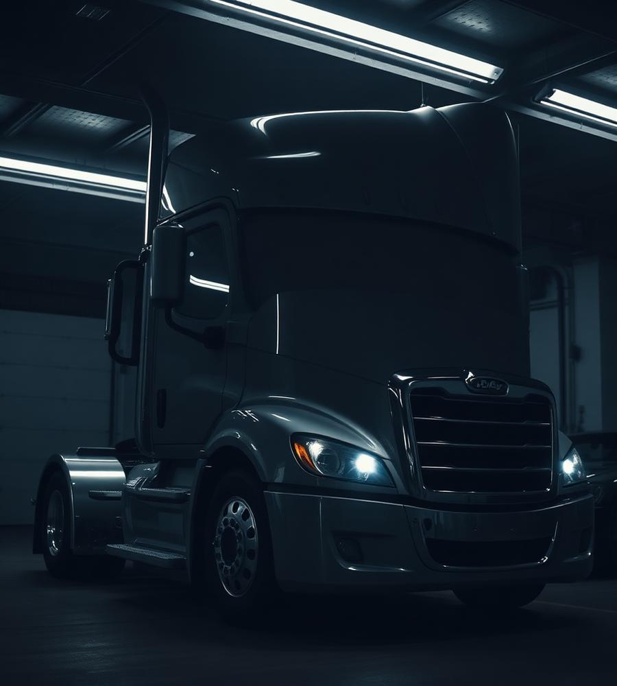 Modern semi truck cab in a garage